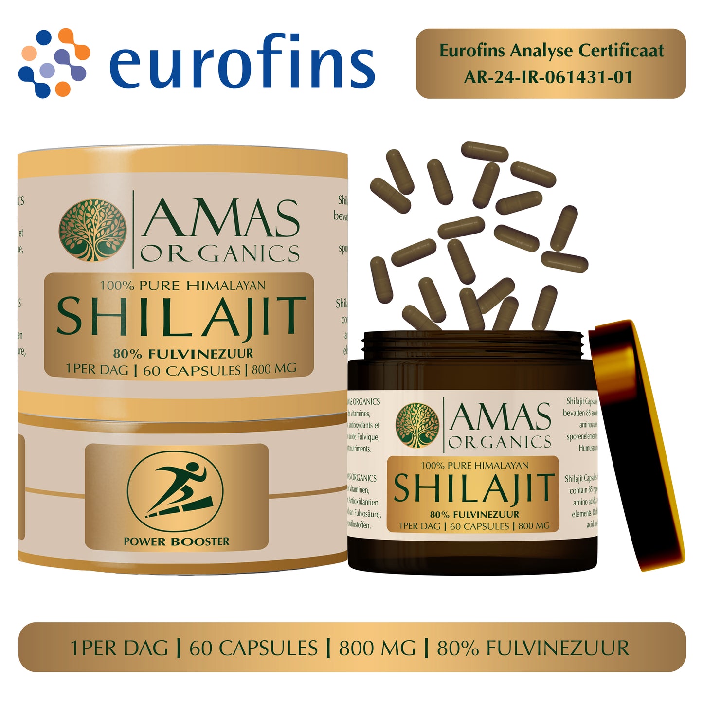 AMAS ORGANICS | 100% PURE HIMALAYAN SHILAJIT CAPSULES | 80% FULVINEZUUR | 800 MG | 60 CAPSULES