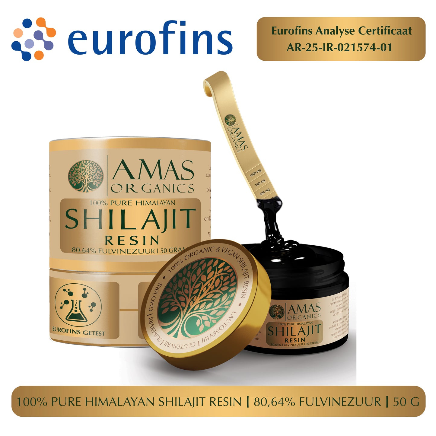 AMAS ORGANICS | 100% PURE HIMALAYAN SHILAJIT RESIN | 80,64% FULVINEZUUR | 50 G